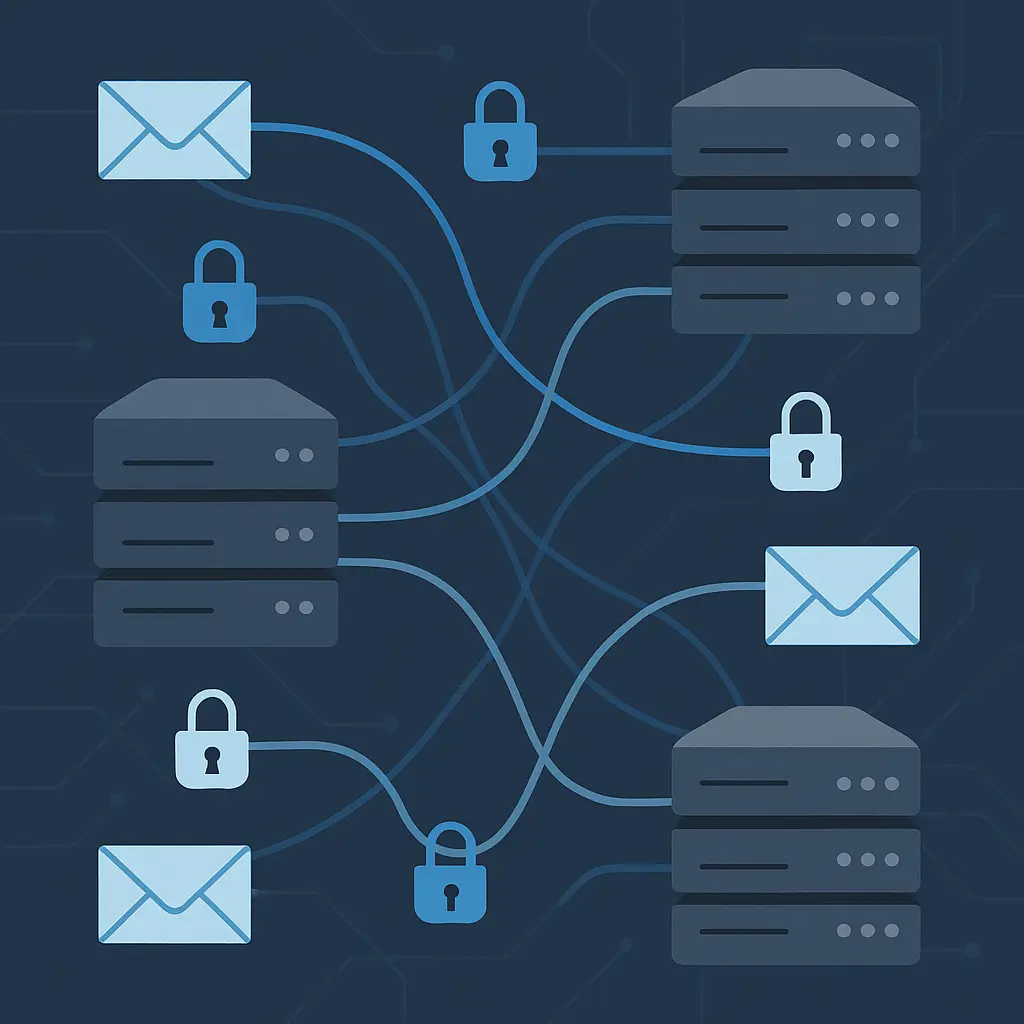 Abstract visualization of email traveling between servers with partial encryption indicators