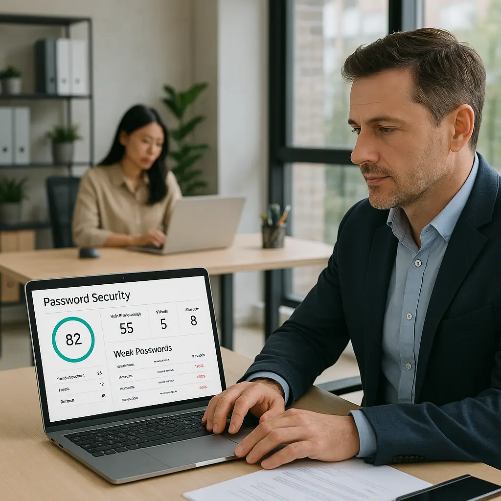 Small business owner reviewing password security checklist on laptop while employee works at desk in background