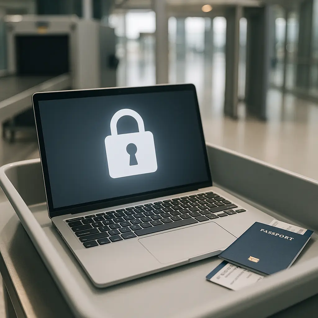 Laptop displaying encryption enabled confirmation screen with passport beside it