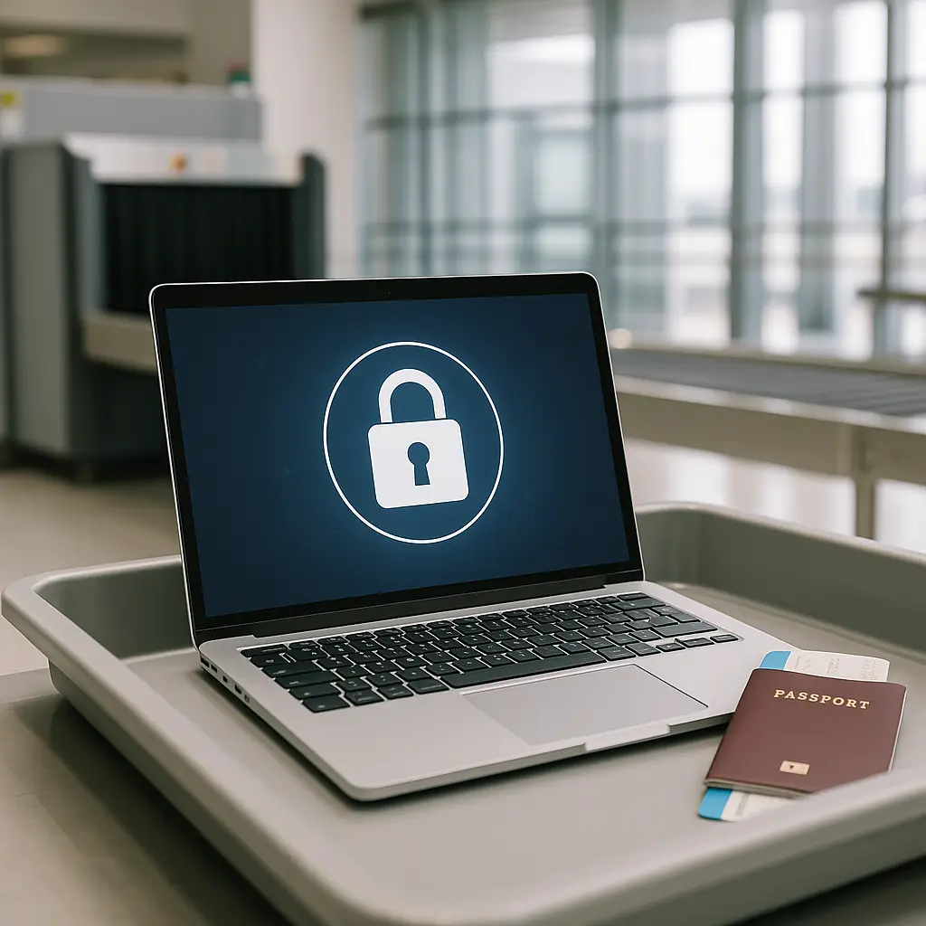Closed laptop with padlock icon overlay at airport security checkpoint
