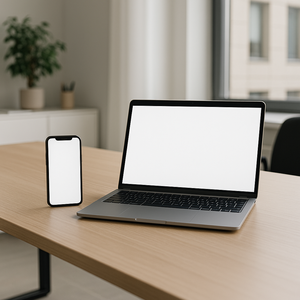 Split screen showing personal phone and work laptop on desk, clear visual separation between devices