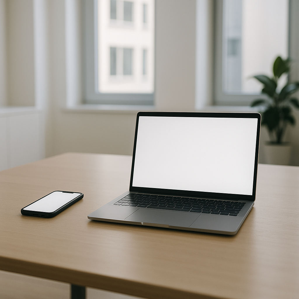 Professional holding phone with messaging app icon visible, office setting in background, neutral lighting