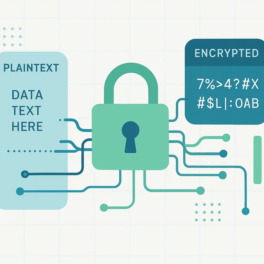 Split-screen showing plaintext message on one side and encrypted ciphertext on the other, connected by a key symbol in the center