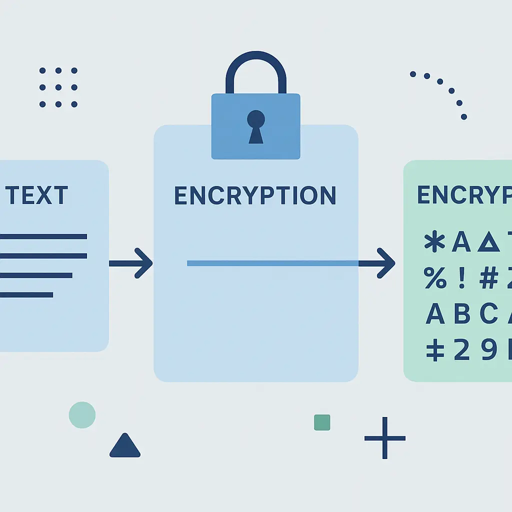 Abstract visualization of encrypted data flowing through a secure tunnel, represented by glowing locked symbols transforming into readable text at the endpoint