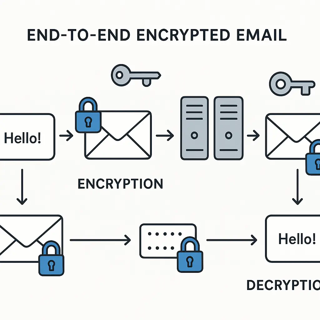 Illustration showing an encrypted email message traveling through servers that cannot decrypt its contents