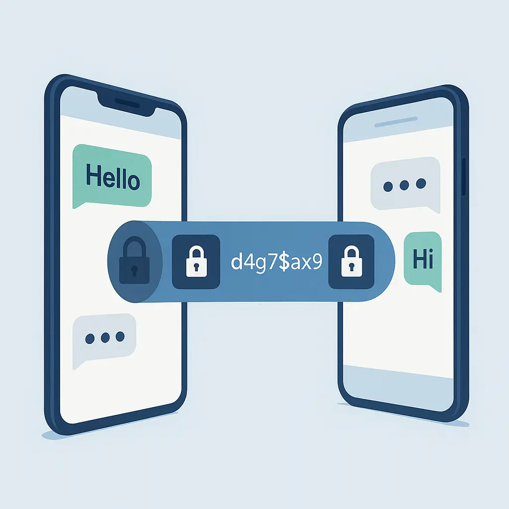A messaging app interface showing encrypted conversation with metadata visible in the background, illustrating what end-to-end encryption protects versus what it exposes