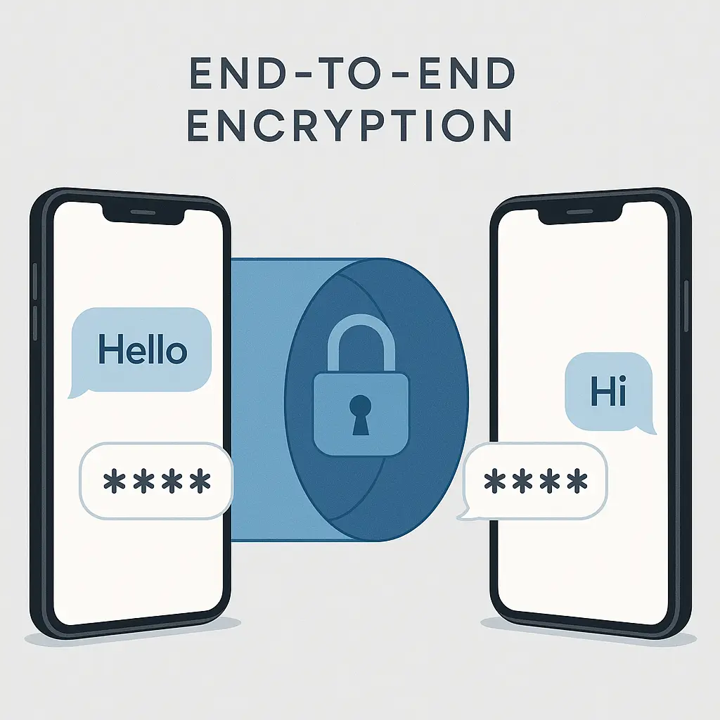 Two phones displaying encrypted messages with a padlock icon between them, surrounded by a shield representing end-to-end encryption protection