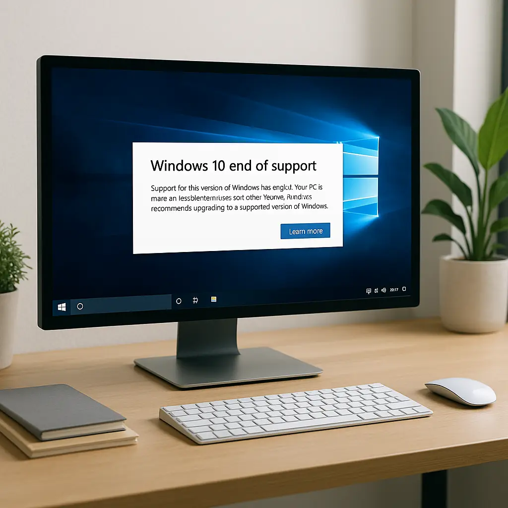 A desktop computer displaying a Windows 10 end-of-support notification on screen