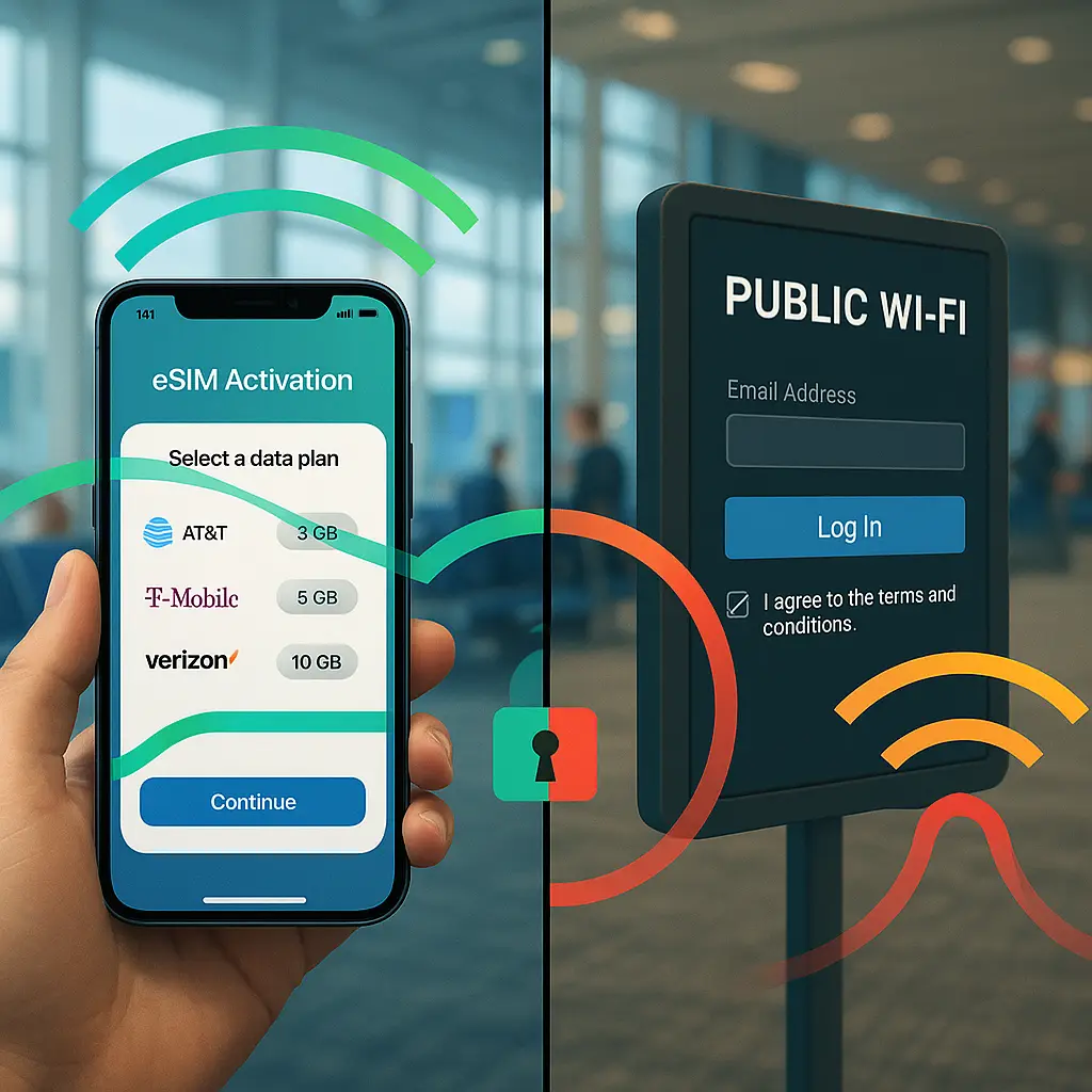 Secure mobile data connection flowing through encrypted tunnel from phone to cell tower, contrasted with unprotected WiFi signals