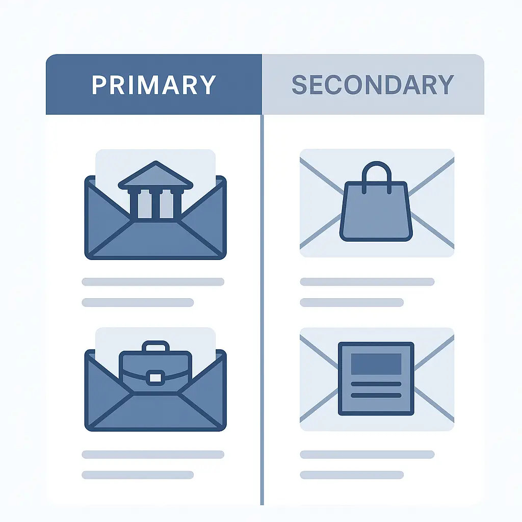 Diagram showing primary email connected to banking and work, secondary email connected to shopping and newsletters, with clear separation between the two