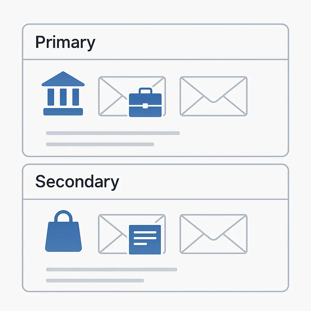 Two email inbox icons side by side, one labeled 'primary' with a lock symbol, the other labeled 'secondary' with a shopping cart and newsletter icon