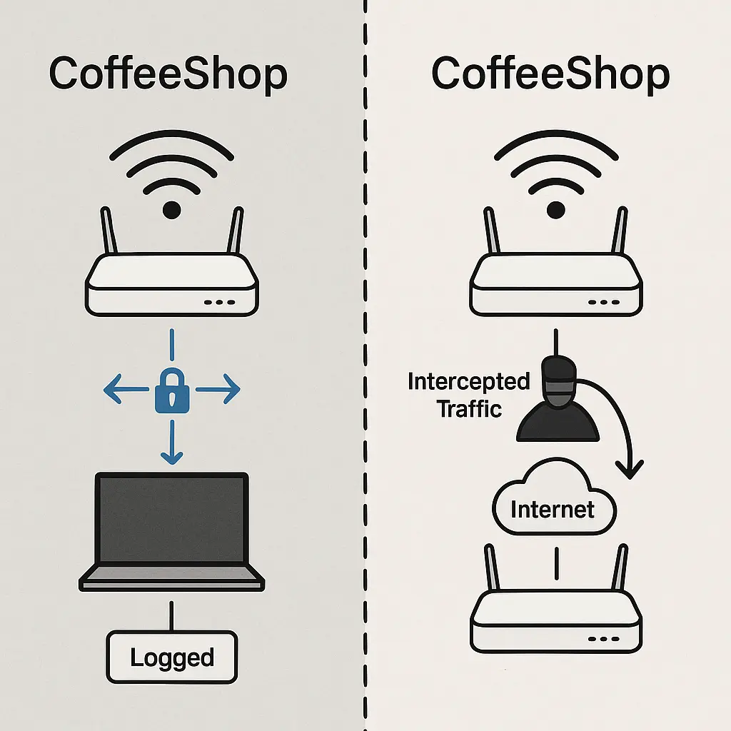 Two identical WiFi network names displayed on a phone screen, one legitimate and one malicious, visually indistinguishable to the user