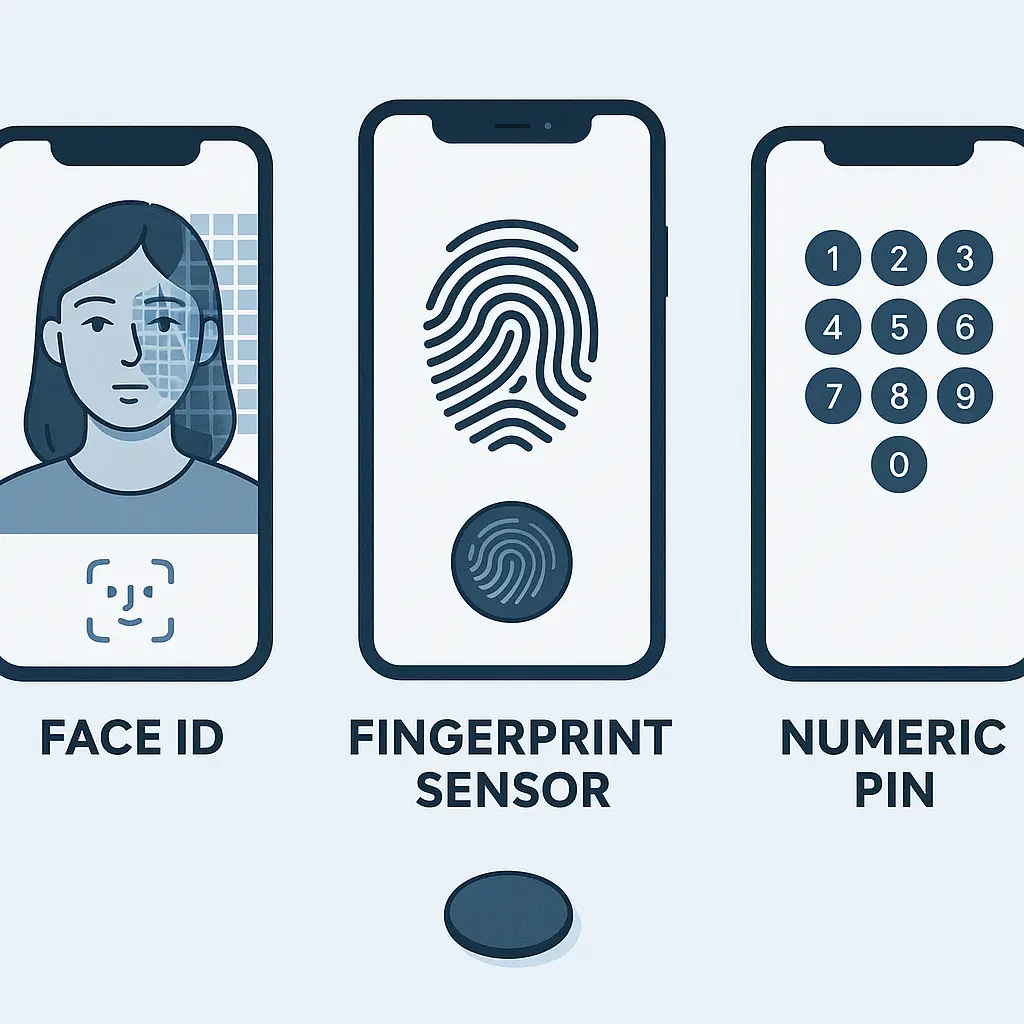 Layered diagram showing biometric authentication, device encryption, and secure enclave architecture