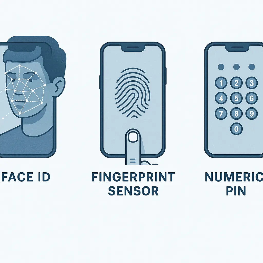 Three smartphone screens side by side showing Face ID scanning, fingerprint sensor prompt, and PIN entry keypad