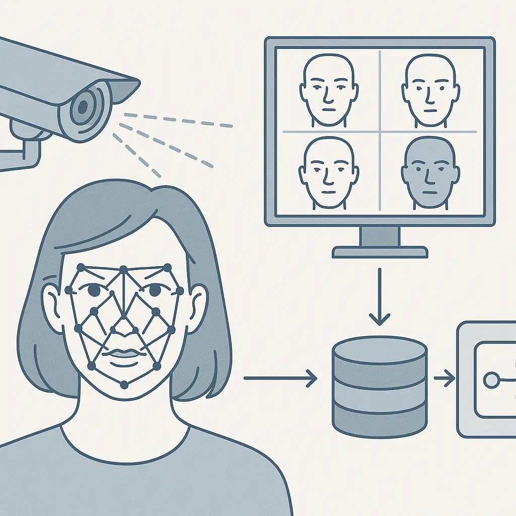 Network diagram showing face recognition data flows between cameras, databases, and verification systems