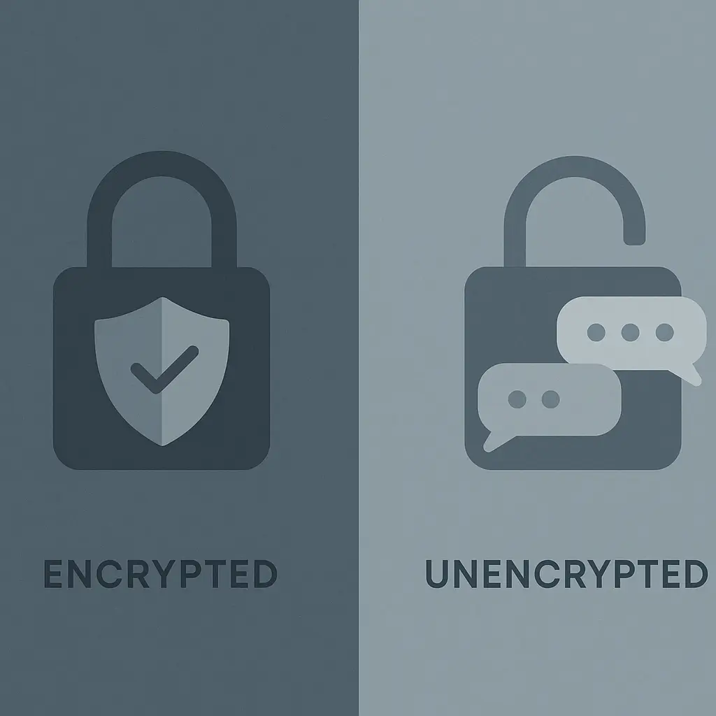 Split-screen illustration showing a locked padlock on one side and an open padlock on the other, representing encrypted and unencrypted messaging modes