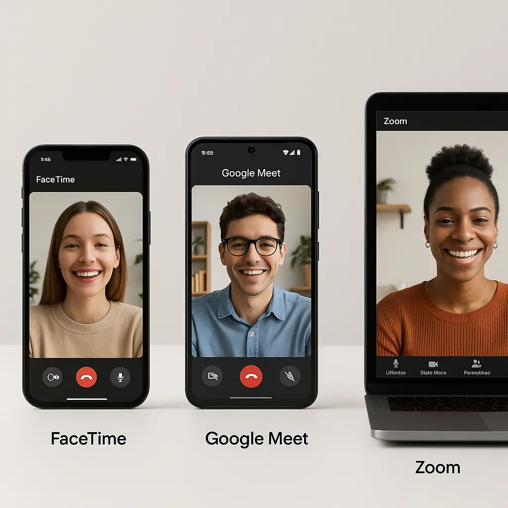 Split-screen comparison of privacy settings panels from FaceTime, Google Meet, and Zoom applications
