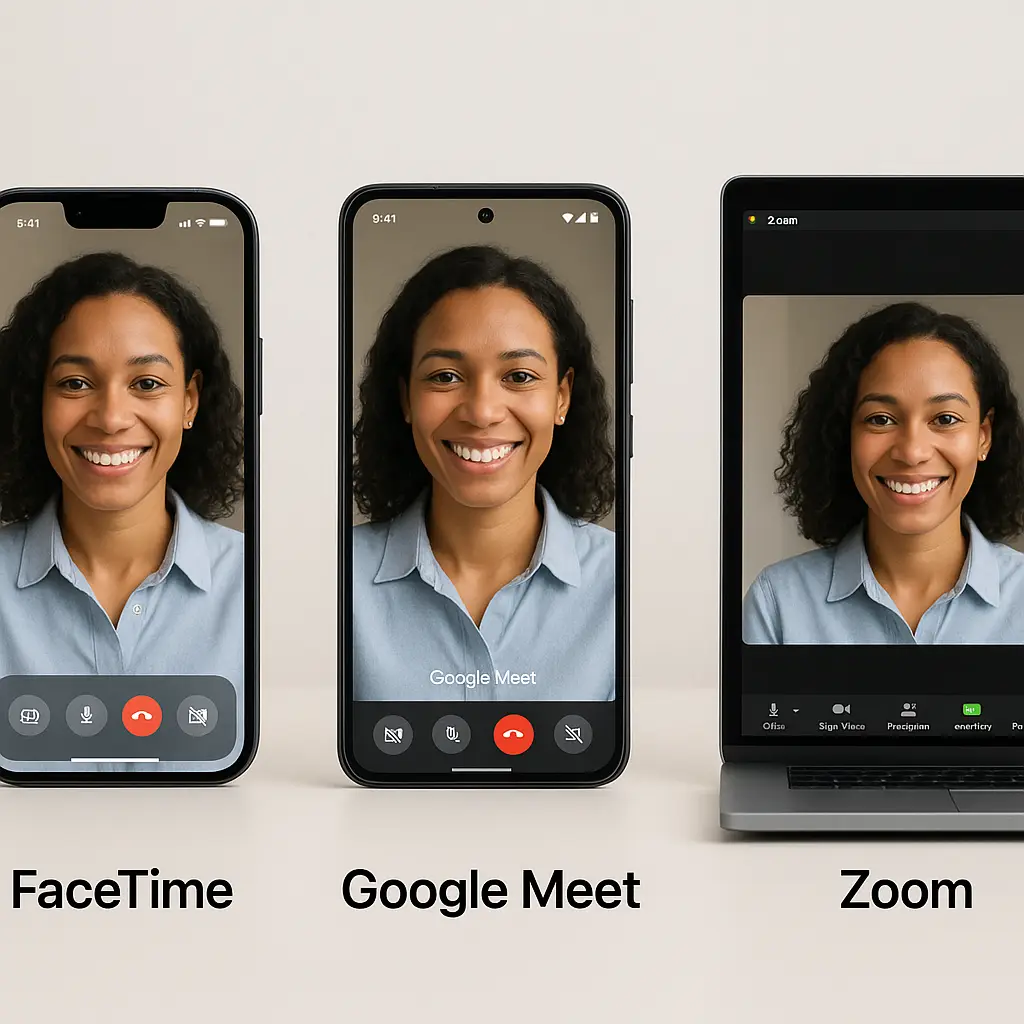 Three smartphones displaying FaceTime, Google Meet, and Zoom interfaces side by side on a neutral background