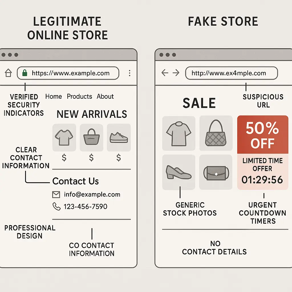 Browser window showing side-by-side comparison of legitimate and fraudulent online store indicators