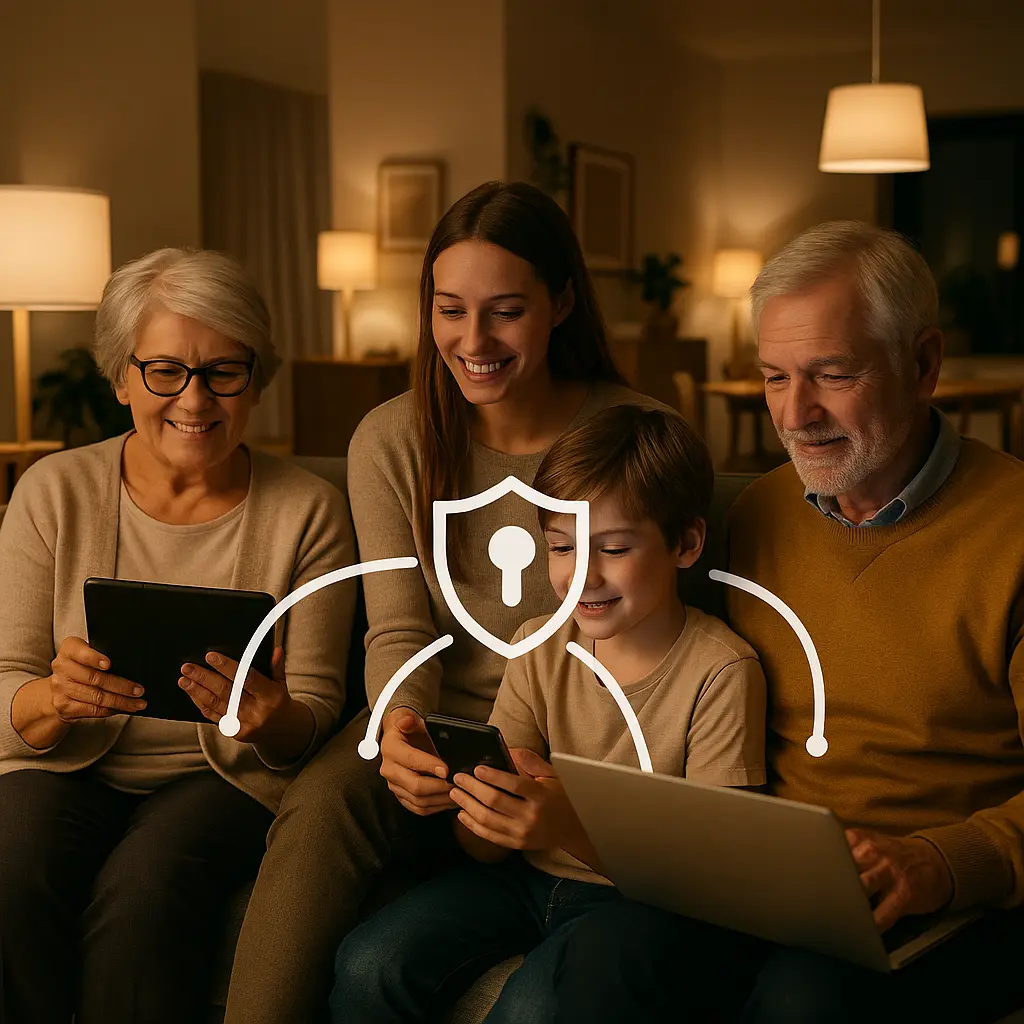 A password manager interface showing a shared family vault with organized credentials and clear permission levels
