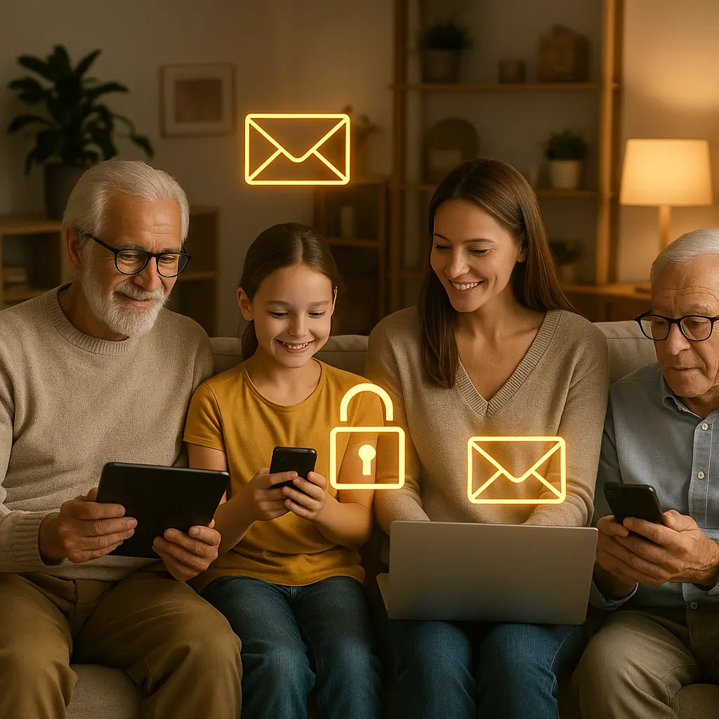 A family sitting together at a kitchen table, each holding their own device, with subtle visual indicators of secure connections and shared access controls