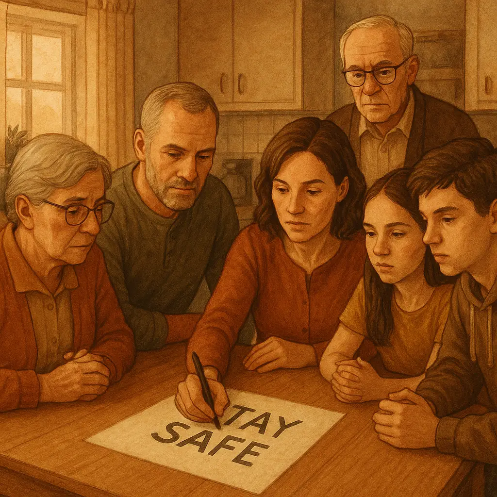A family gathered around a kitchen table, sharing a private phrase written on a piece of paper, representing a shared secret defense against impersonation