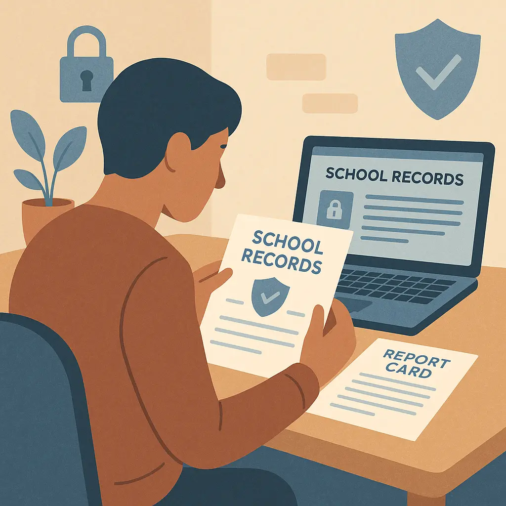 Parent reviewing school documents at a desk with a laptop showing digital records interface