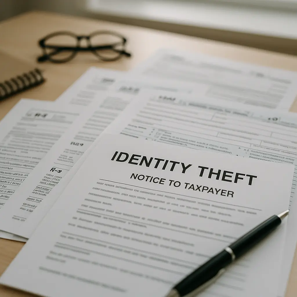 IRS Form 14039 Identity Theft Affidavit on a desk next to a laptop showing IdentityTheft.gov