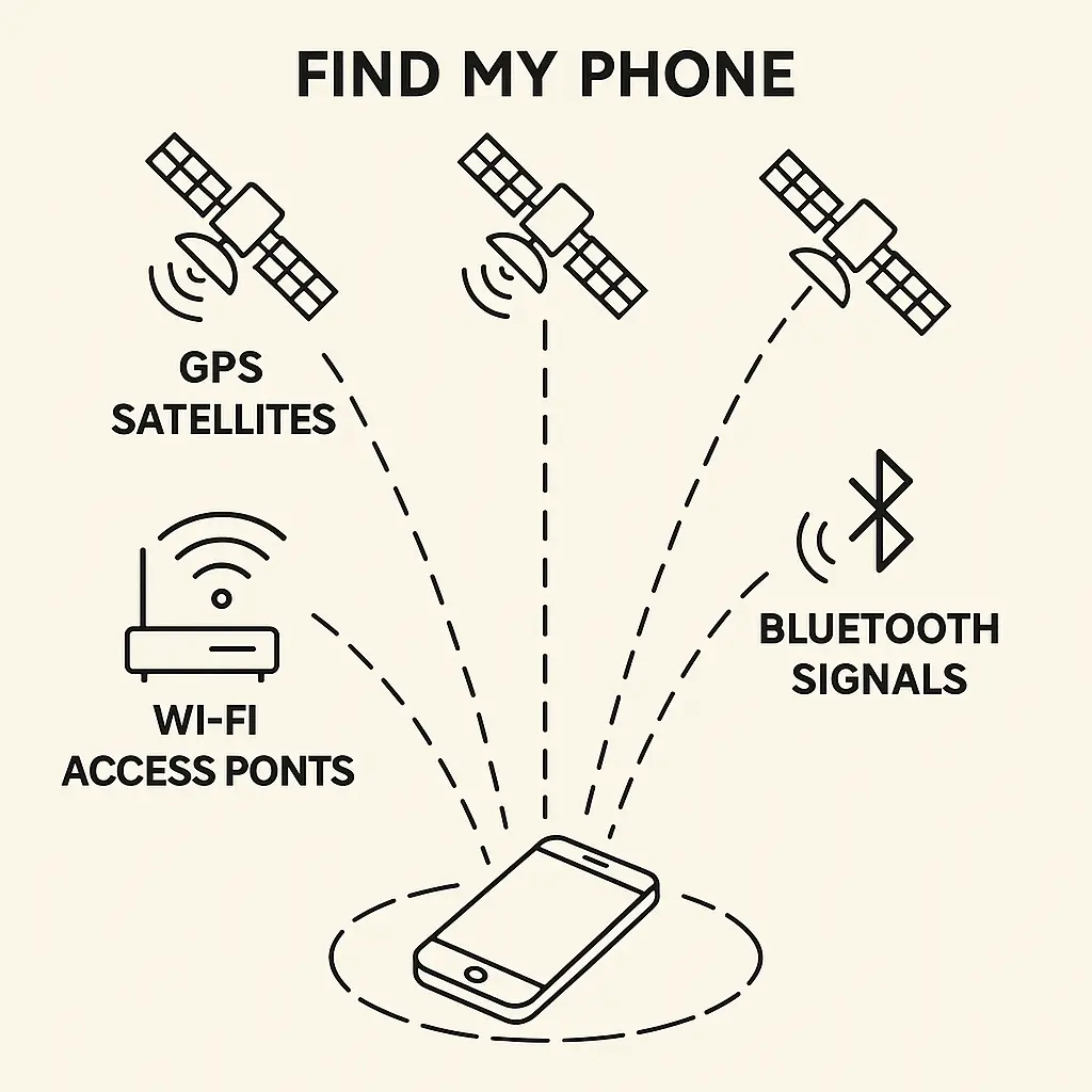 Phone screen showing Find My interface with location accuracy indicators and available remote actions