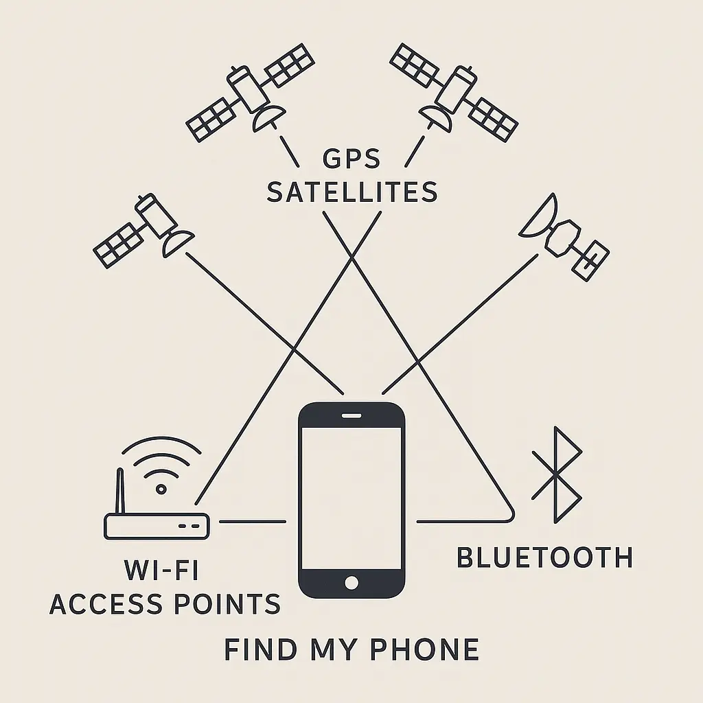 Smartphone displaying location map with layered technical signals showing GPS satellites, WiFi networks, and Bluetooth beacons