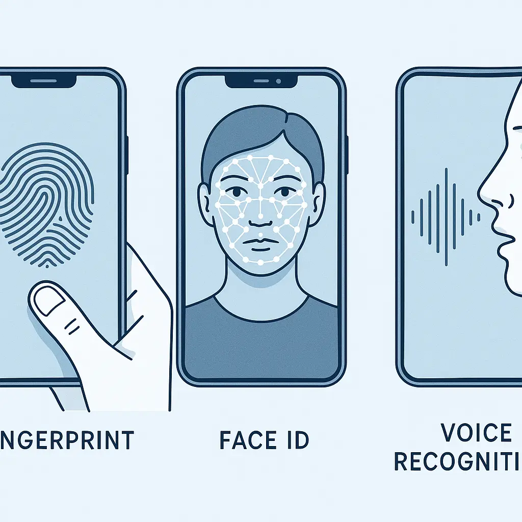 Three phone screens showing fingerprint sensor, Face ID scanning, and voice waveform authentication methods side by side