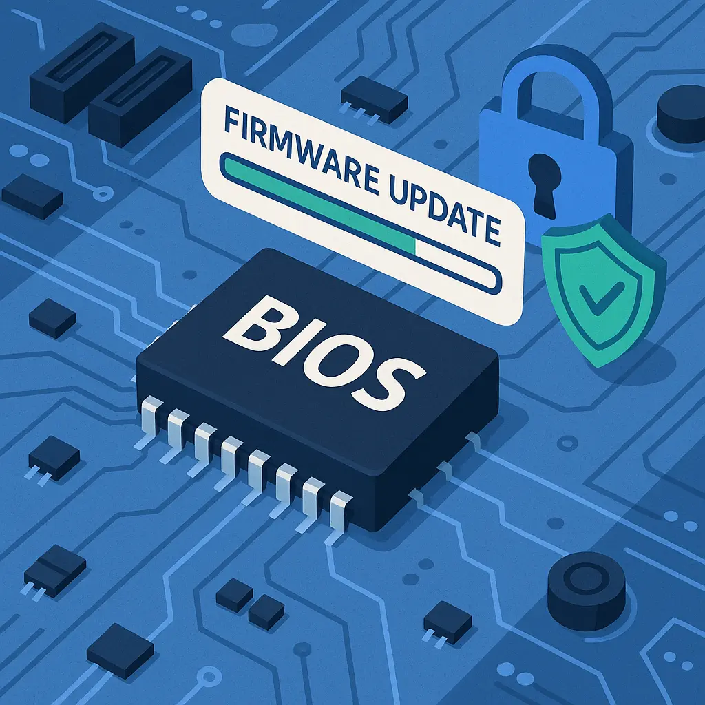 Computer screen displaying successful firmware update confirmation message with security checkmarks