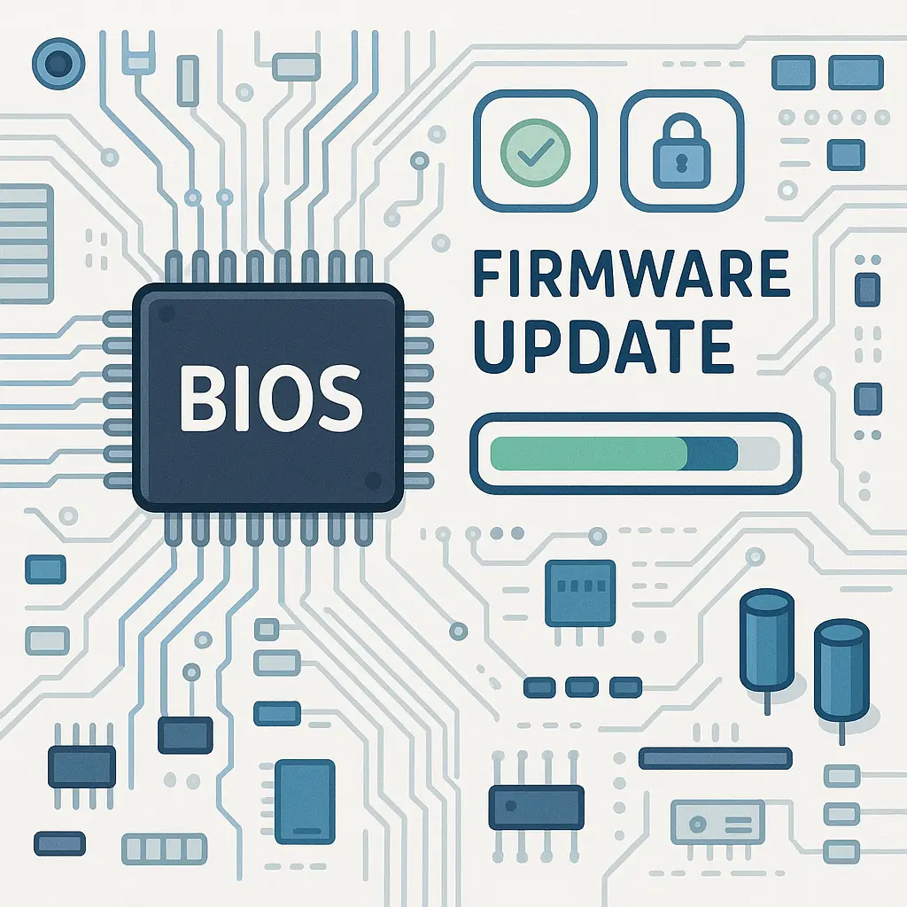 Close-up of a computer motherboard with a BIOS chip highlighted, overlaid with a translucent progress bar showing firmware update installation