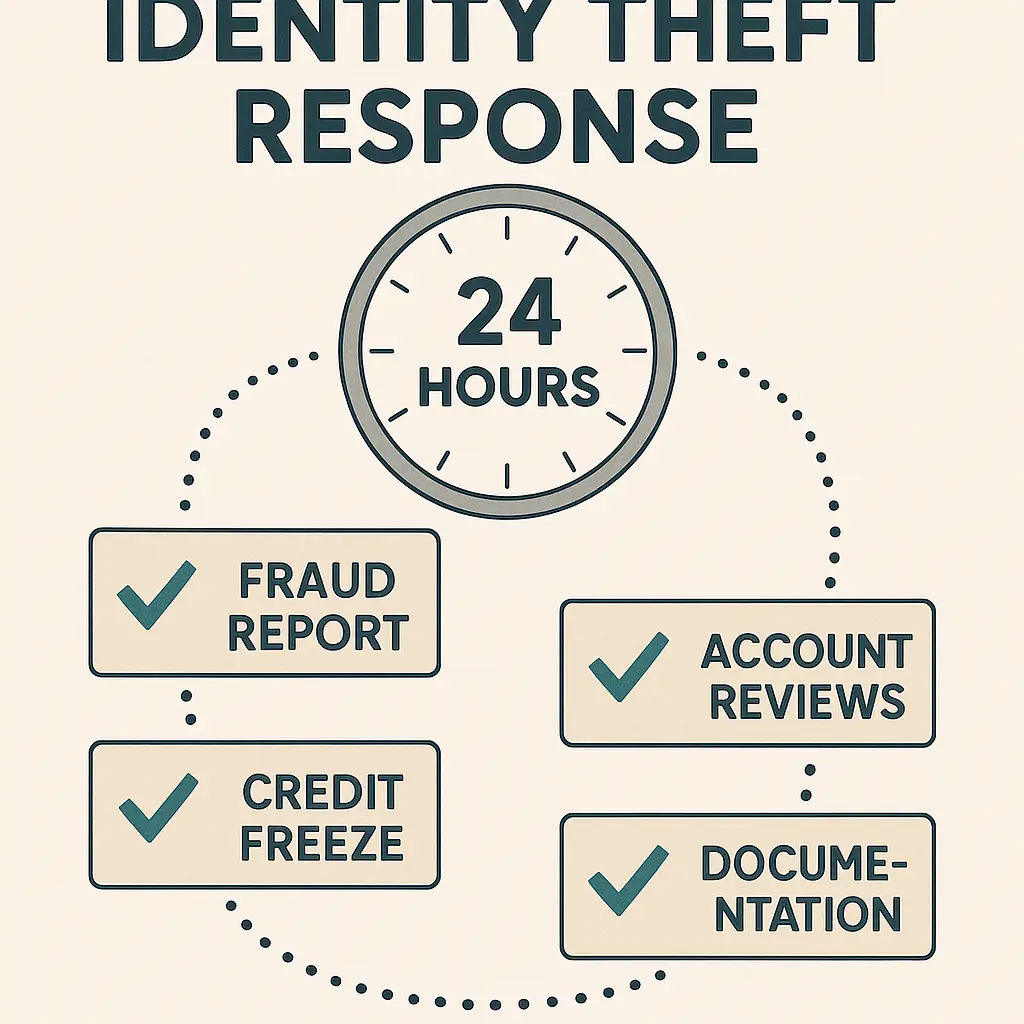 Person at desk with laptop and phone, organized documents showing completed fraud reports and credit freezes