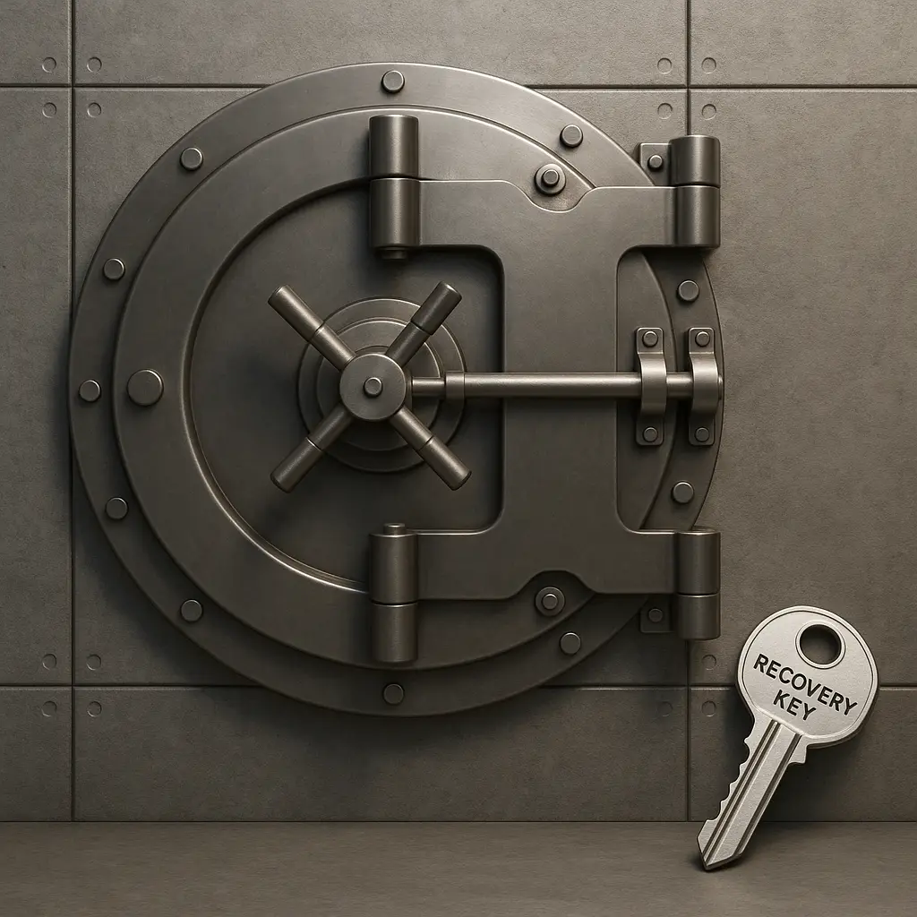 Locked vault with recovery key beside it