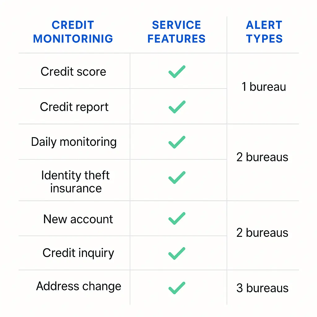 Side-by-side comparison chart showing different credit monitoring service features with checkmarks and X marks