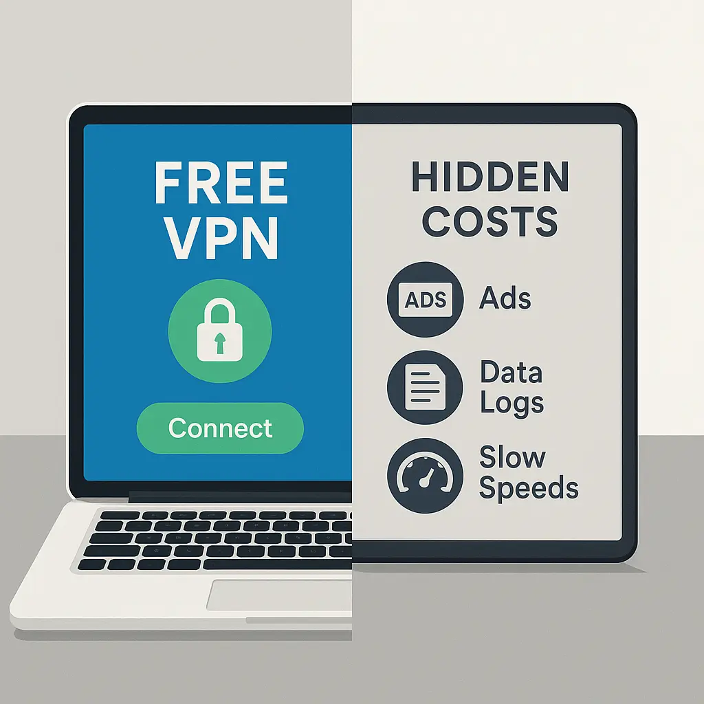 A comparison chart showing paid VPN features on one side and free VPN limitations on the other, with a clear visual divide between the two options