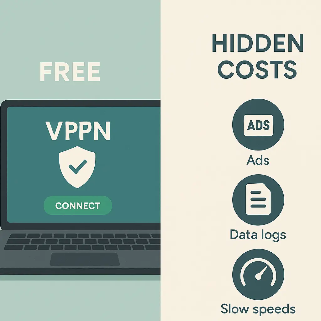A laptop screen showing a VPN connection interface with a prominent 'FREE' label, surrounded by faded icons representing ads, data collection, and bandwidth throttling