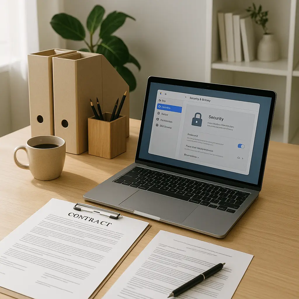 Freelancer's organized workspace showing secure document handling setup with locked file cabinet