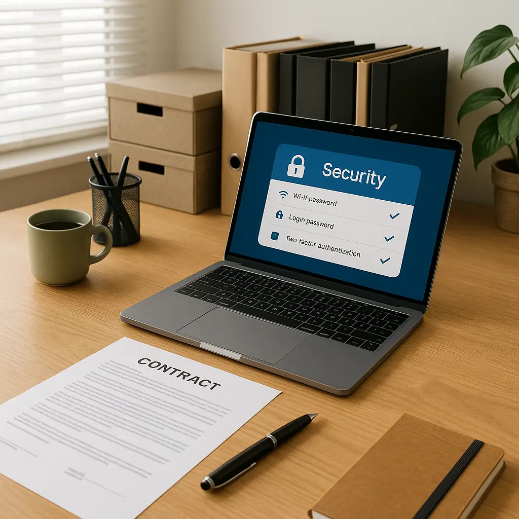 Freelancer reviewing contract data security clauses on laptop with legal documents and coffee cup