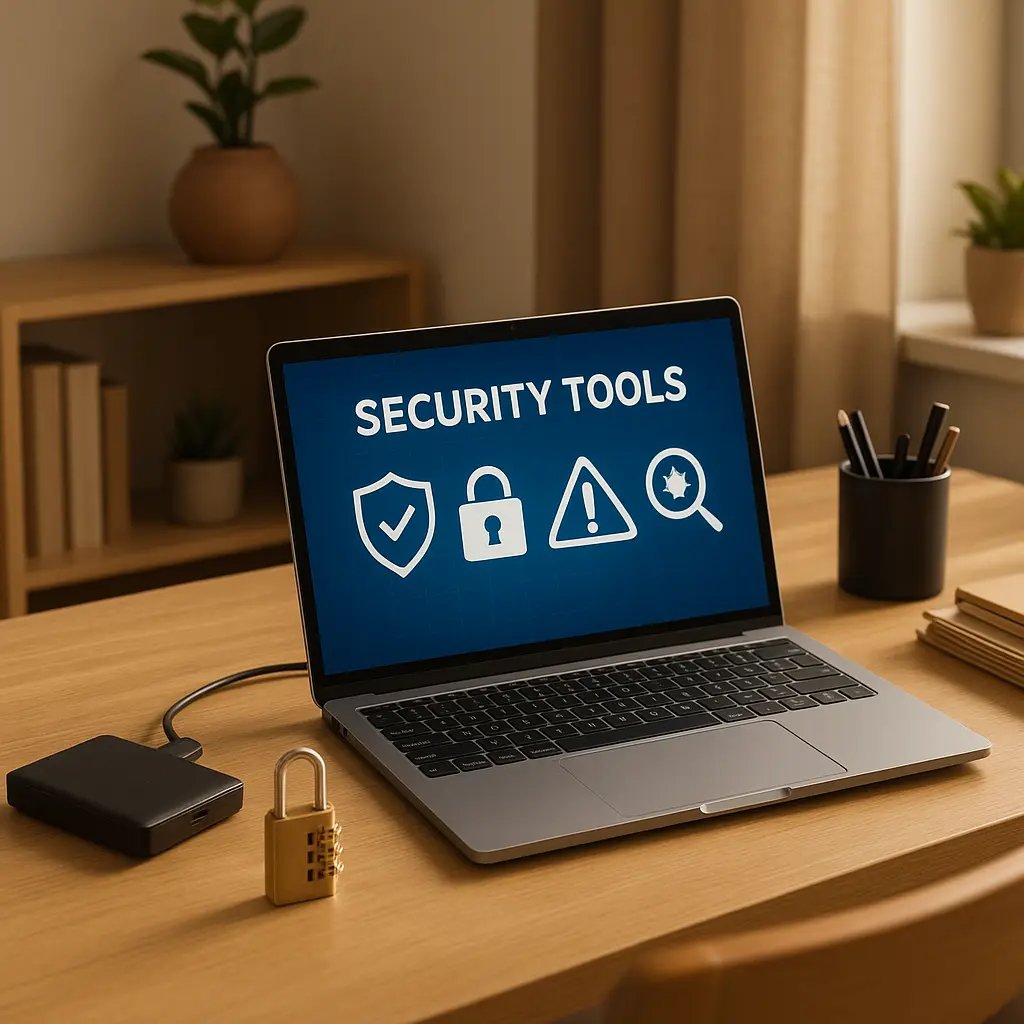 Home office setup showing locked file cabinet, encrypted external drive, and security checklist on wall