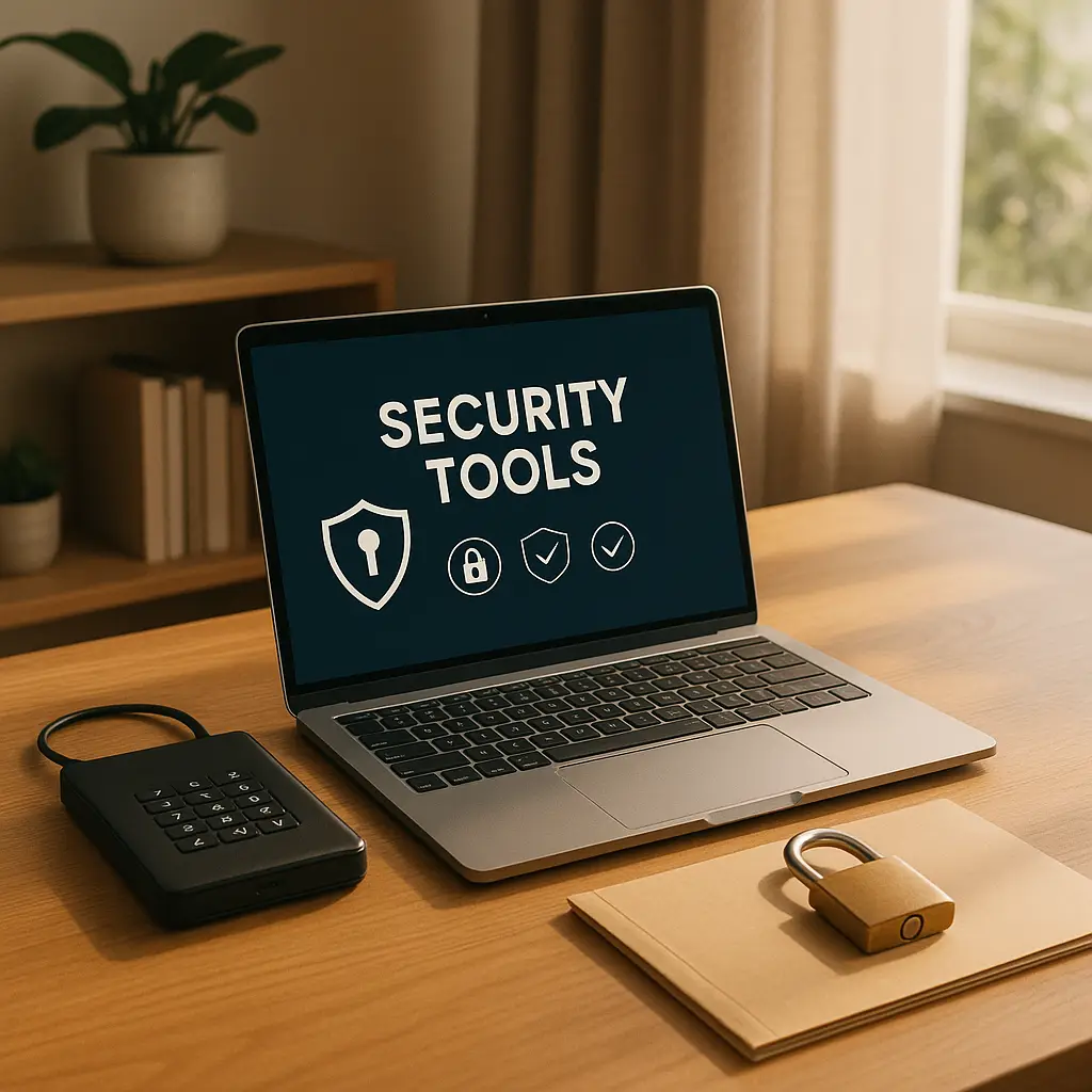 Laptop on desk with password manager interface and encrypted file folder visible on screen