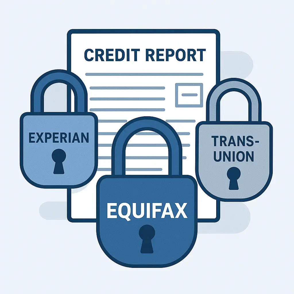 Three padlocks representing Equifax, Experian, and TransUnion credit freezes