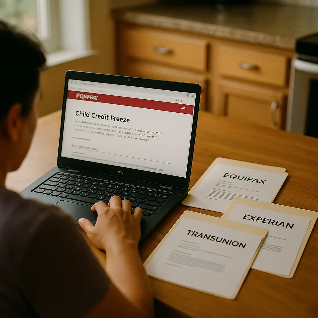Parent reviewing credit freeze documentation with laptop showing bureau websites