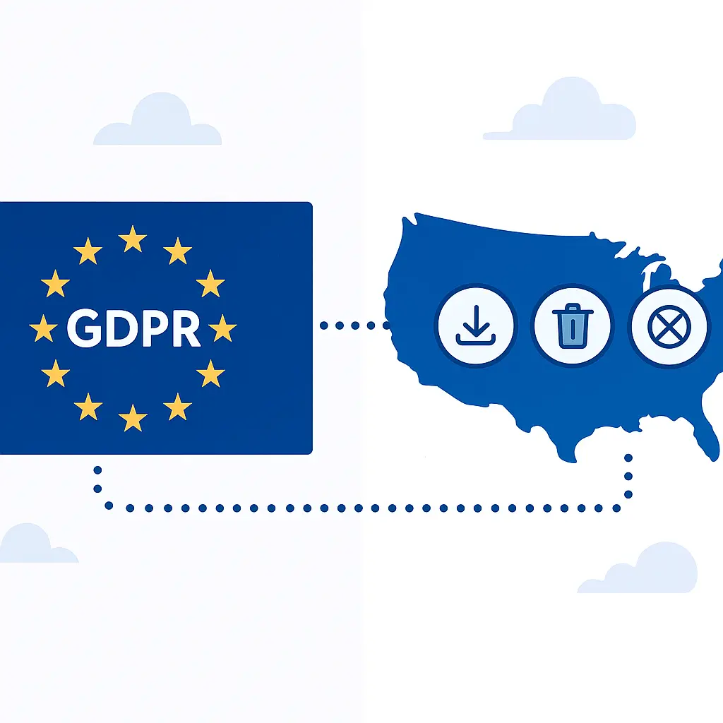 A map showing data flowing from the U.S. to Europe, with privacy rights symbols overlaid on both continents