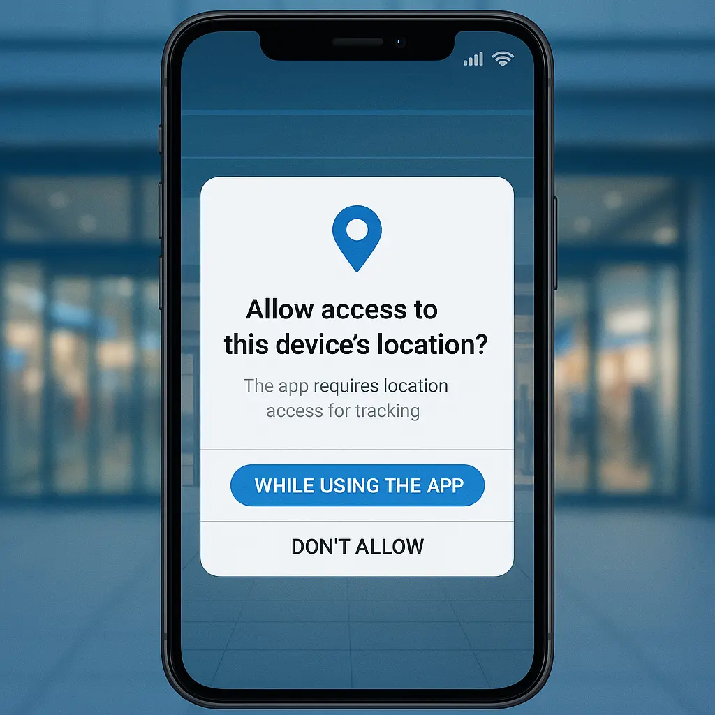 Smartphone displaying location permissions dialog with retail store in background