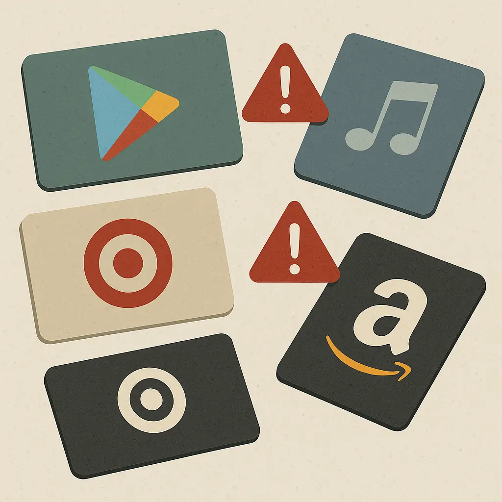 Person examining gift card request with skepticism