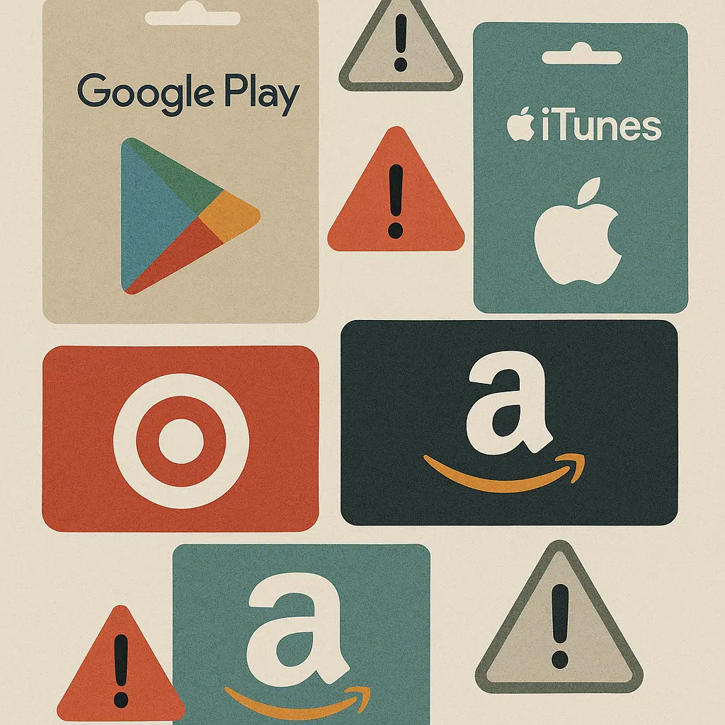 Stack of gift cards with warning symbols overlaid