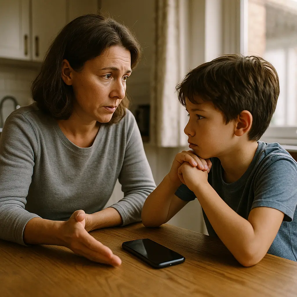 Parent and child reviewing phone settings together at kitchen table