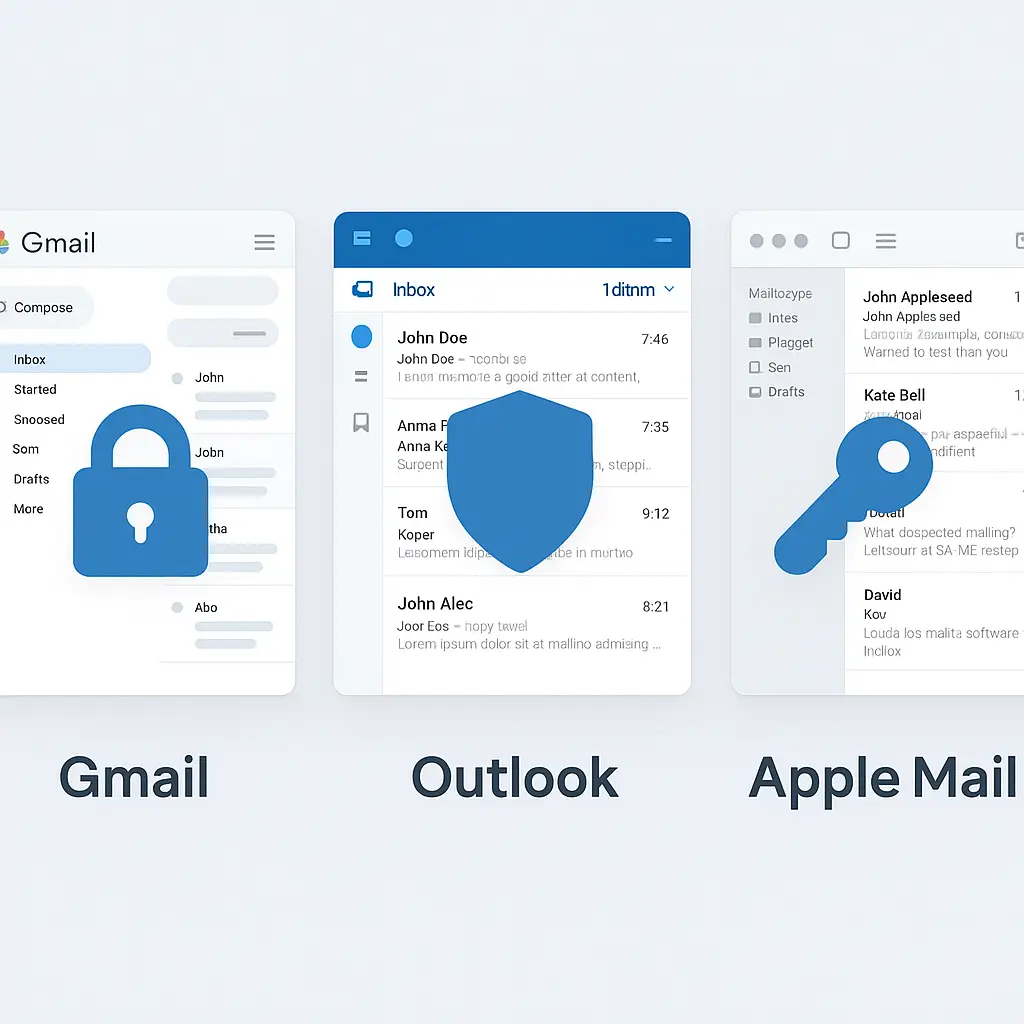 Side-by-side comparison of Gmail, Outlook, and Apple Mail security features on desktop and mobile screens